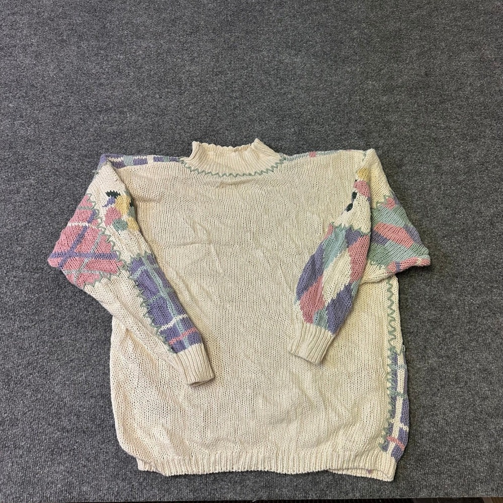 Maggie Lawrence Sweater Womens Size L Cream Ramie Cotton Patchwork Argyle Vtg